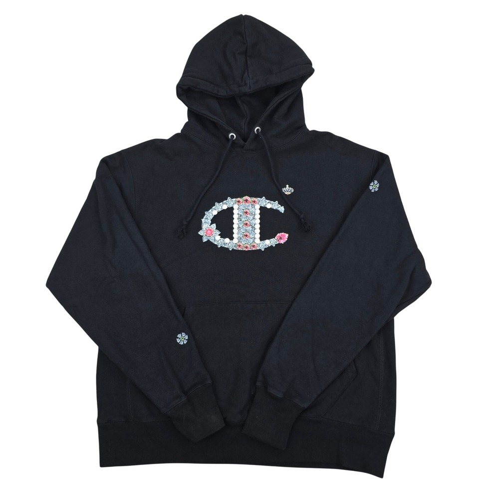 Champion Reverse Weave Hoodie Mens Large Black Jeweled Big C Graphic Logo Y2K